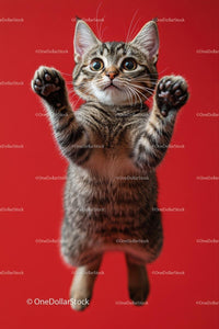Playful Kitten Jumping Against Red Background