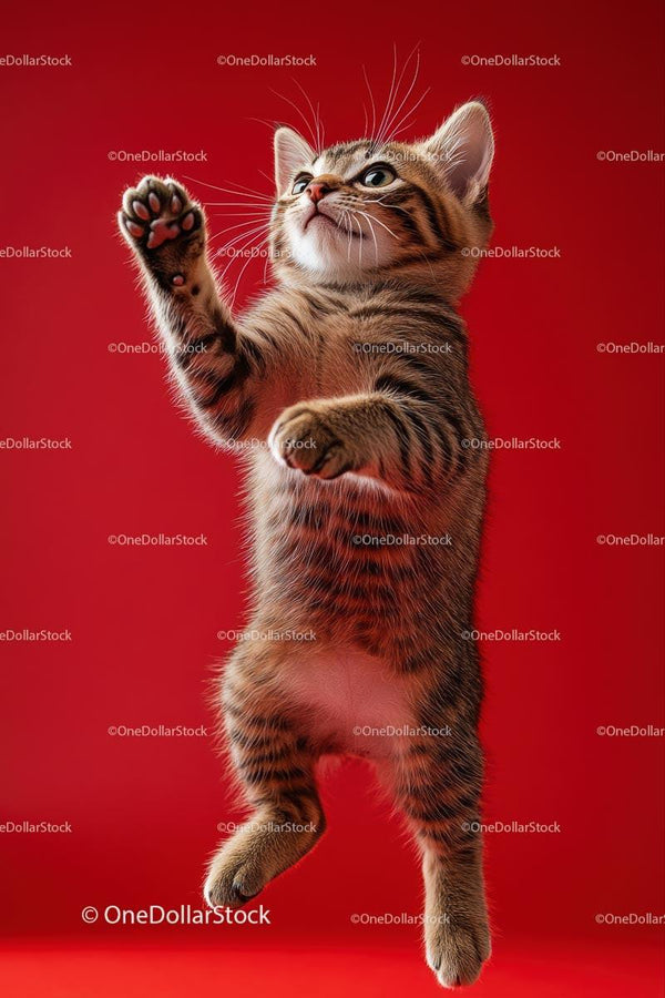 Playful Tabby Kitten Jumping on Red Background