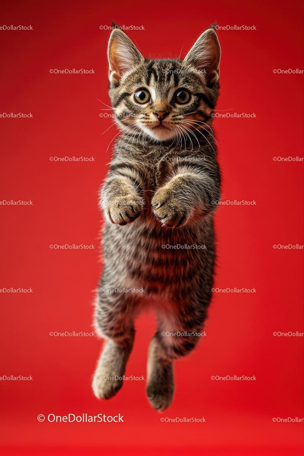 Playful Tabby Kitten Jumping on Vibrant Red Background