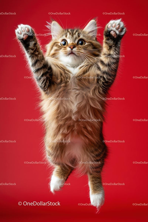 Playful Tabby Kitten Jumping Against Red Background