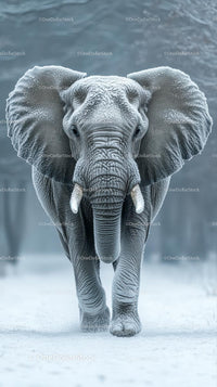Majestic Elephant Covered in Frost in Snowy Landscape