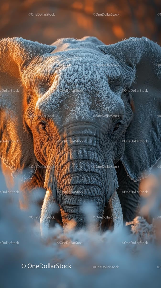 Frost-Covered Elephant in Winter Sunrise