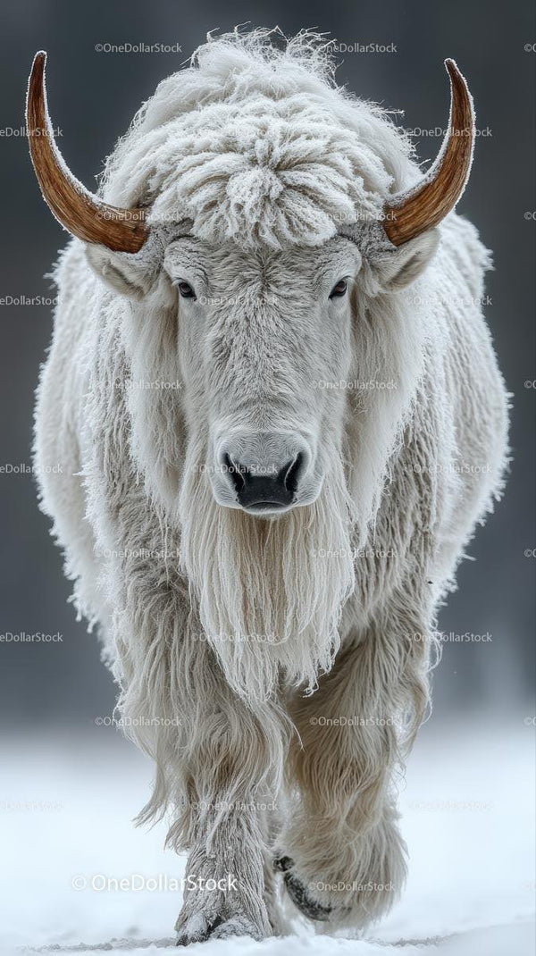 Majestic White Yak on Snowy Winter Landscape