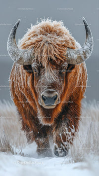 Majestic Highland Cow in Frosty Winter Landscape