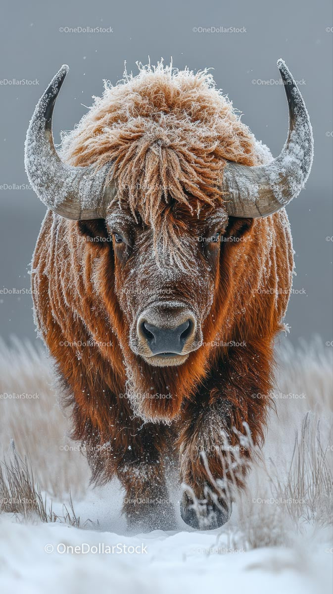 Majestic Highland Cow in Frosty Winter Landscape