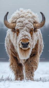 Frost-Covered Bison in Winter Landscape