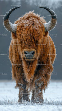 Majestic Highland Cow in Snowy Winter Landscape
