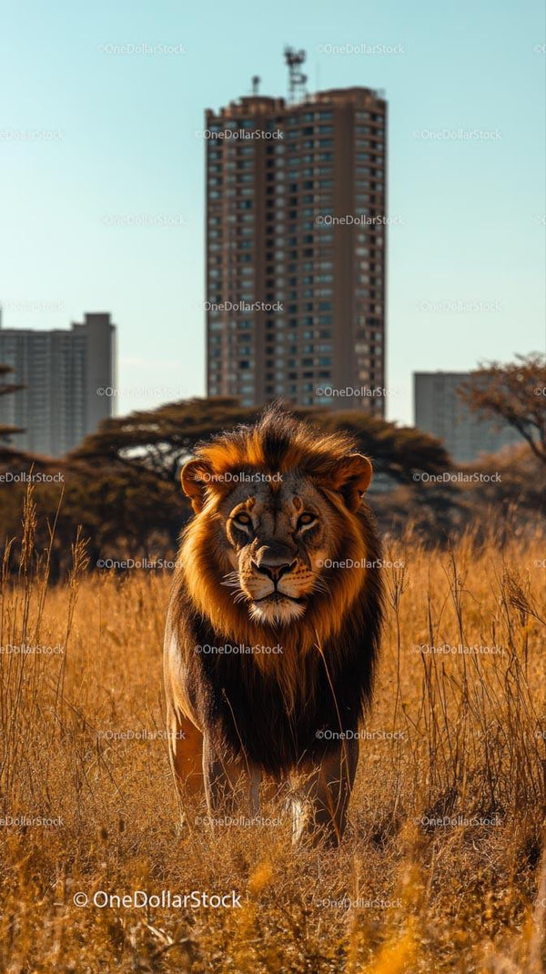 Majestic Lion Roaming Near Urban Skyscraper
