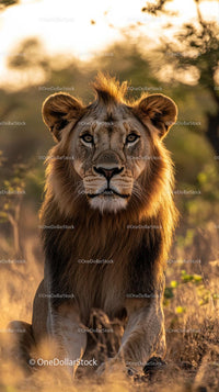 Majestic Lion in the African Savannah at Sunset