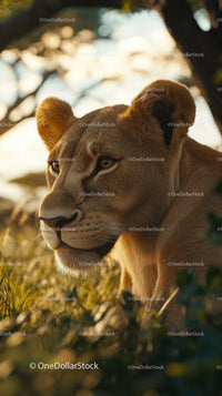 Majestic Lioness Resting in Golden Grassland