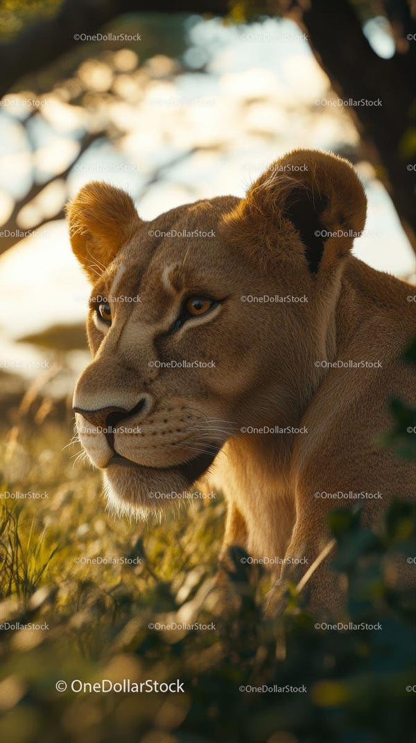 Majestic Lioness Resting in Golden Grassland
