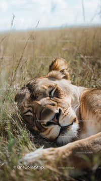 Sleeping Lioness in Grassy African Savanna