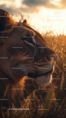 Majestic Lion in Golden Savannah at Sunset