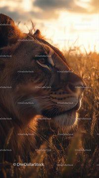 Majestic Lion in Golden Savannah at Sunset