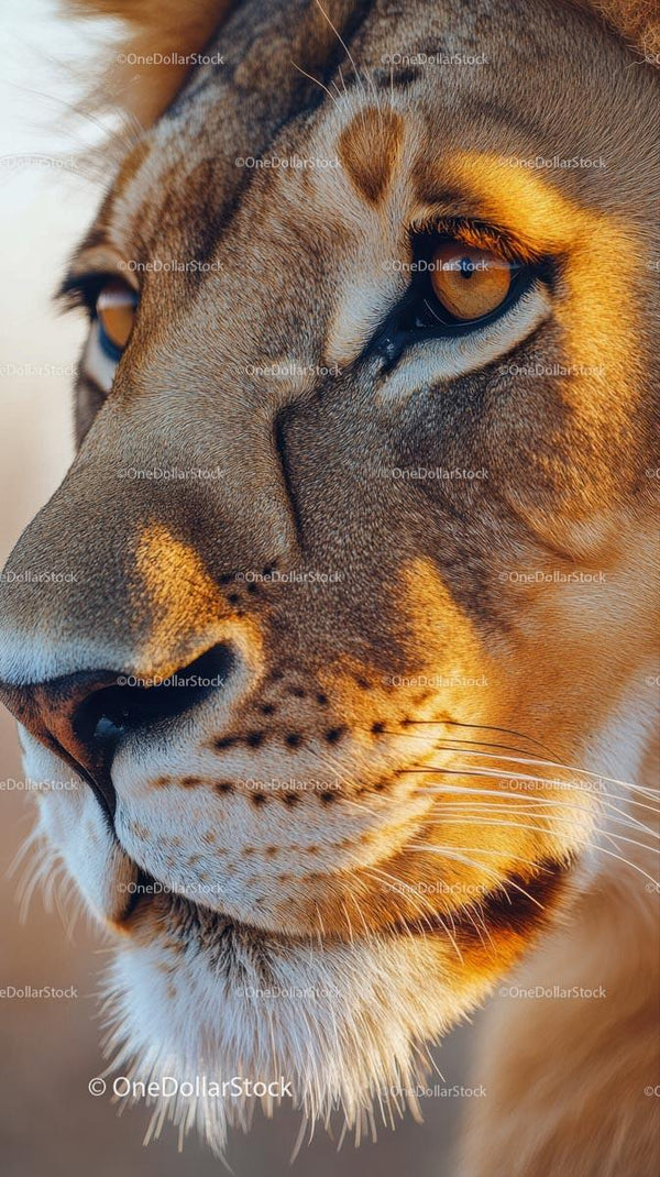 Majestic Close-Up of a Lion's Face in Golden Light