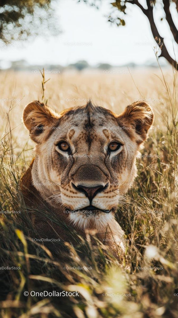 Majestic Lioness Resting in Grassy African Savannah