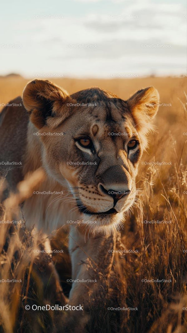 Majestic Lioness Stalking Through Golden Savannah Grass