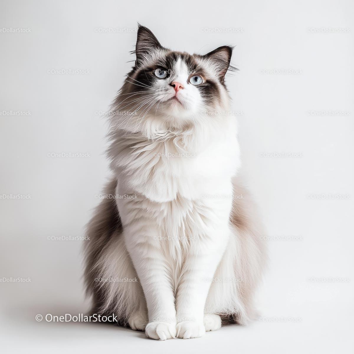 Fluffy Ragdoll Cat with Striking Blue Eyes on White Background