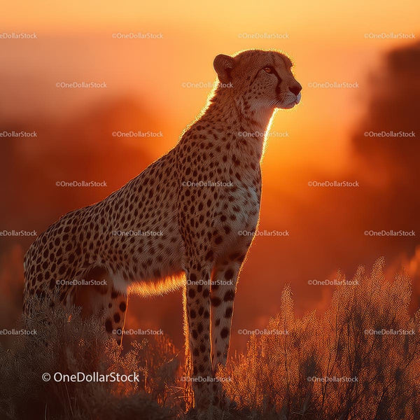 Majestic Cheetah Standing at Sunset on Savanna