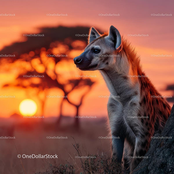 Hyena in African Savannah at Golden Sunset