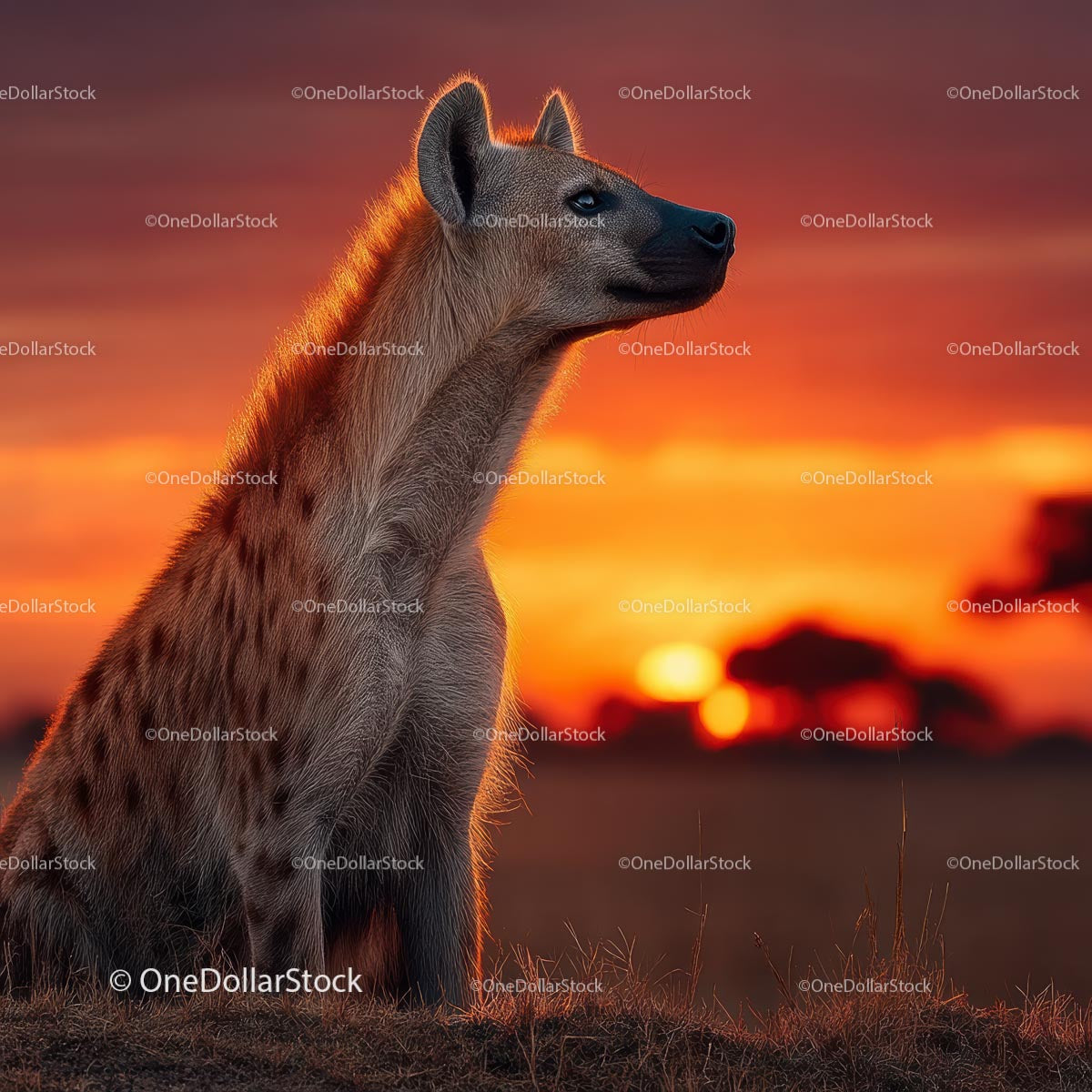 Majestic Hyena at Sunset in African Savannah