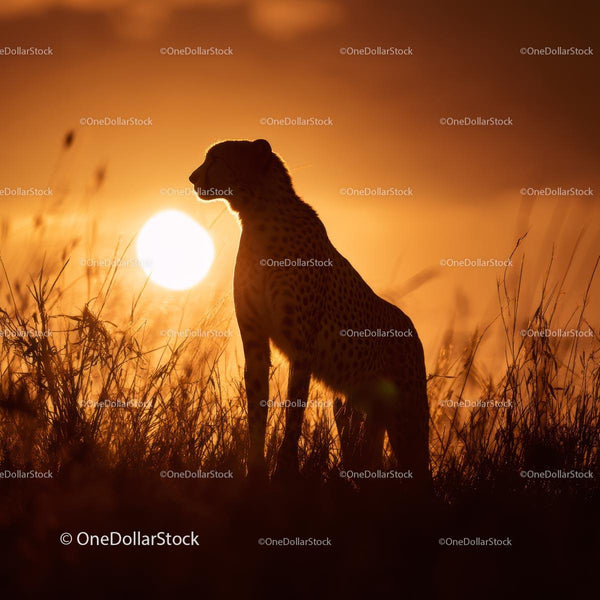 Cheetah Silhouette at Golden Sunset in African Savannah