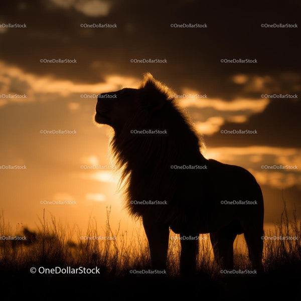 Majestic Lion Silhouette at Sunset in Golden Savanna