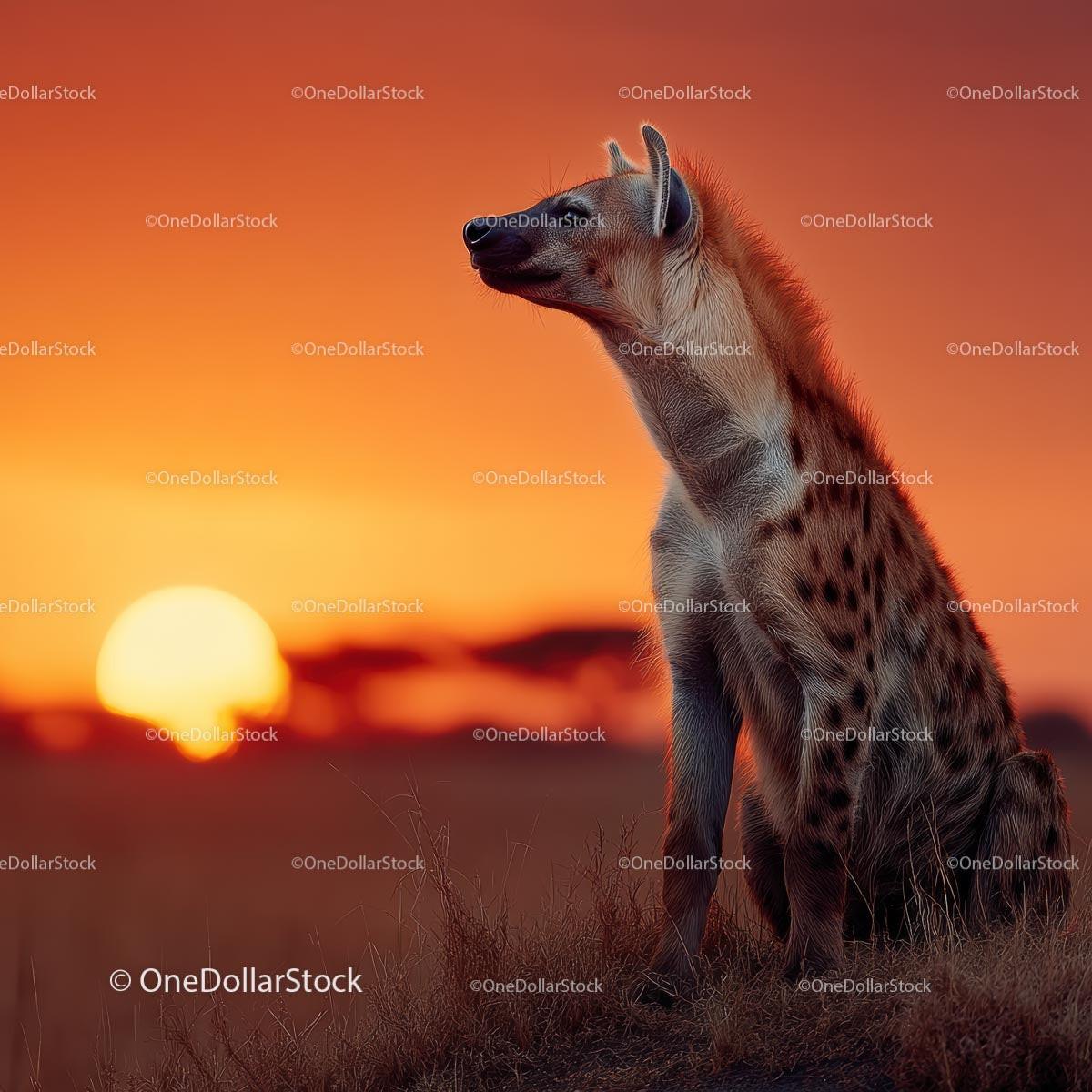 Hyena Gazing at Vibrant African Sunset in the Savanna