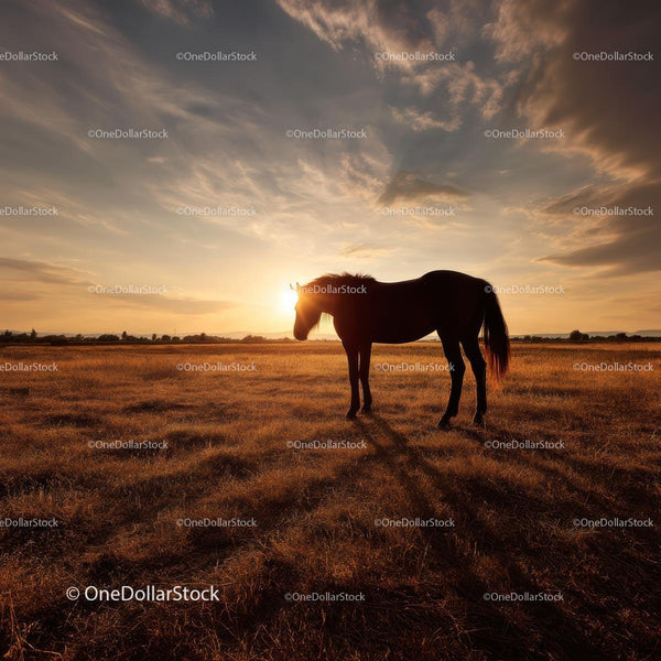 Horse Silhouette in a Golden Field at Sunset