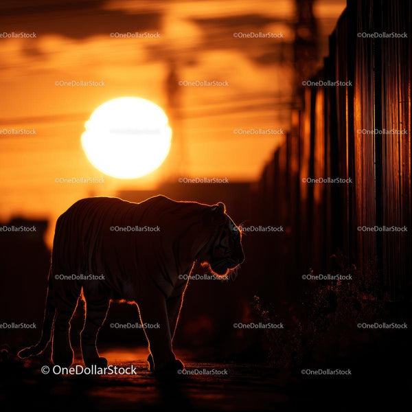 Tiger Silhouette at Sunset with Dramatic Orange Sky