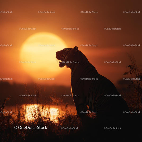 Silhouette of a Tiger at Sunset in Grassland