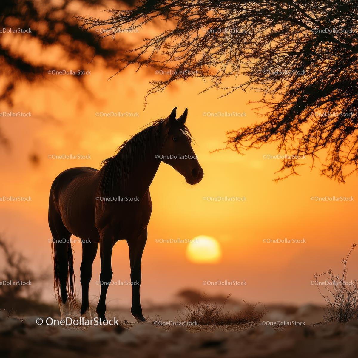 Majestic Horse Silhouette at Sunset in Desert
