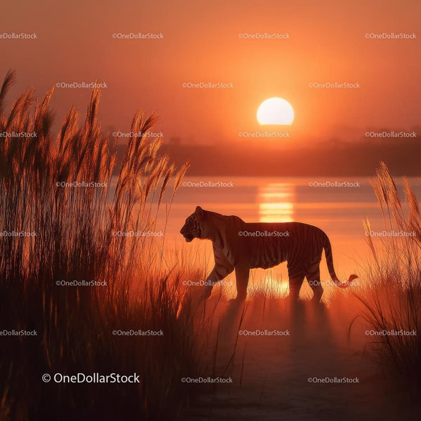 Tiger Silhouette Walking at Sunset Amidst Tall Grass