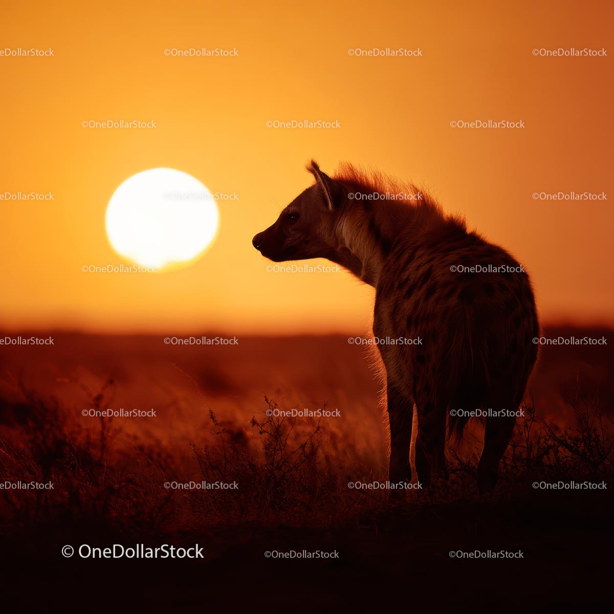 Sylwetka hieny na zachodzie słońca Golden Savannah