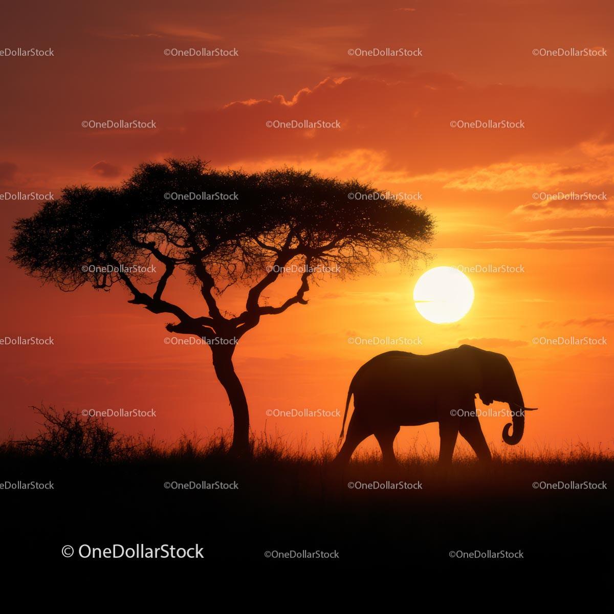 Elephant Silhouette at Sunset on African Savannah