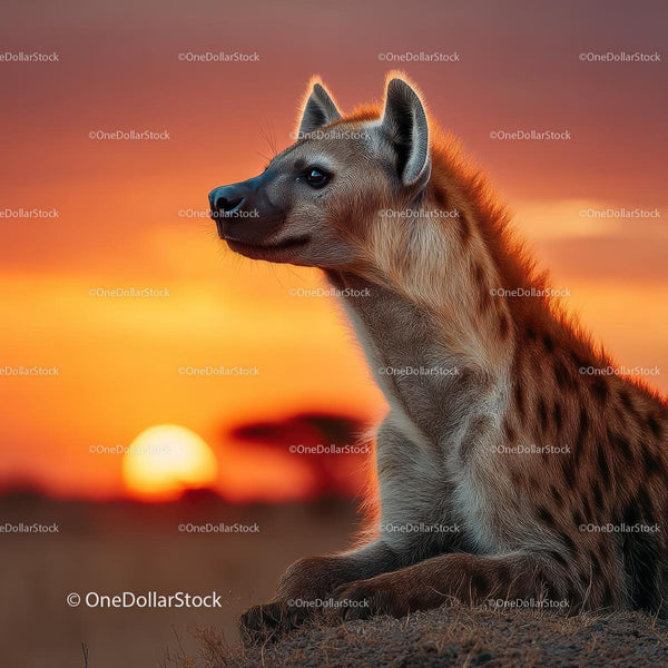 Majestic Hyena Resting Against Vibrant African Sunset