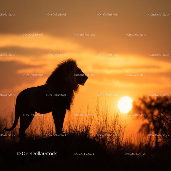 Lion Silhouette on African Savanna at Vibrant Sunset