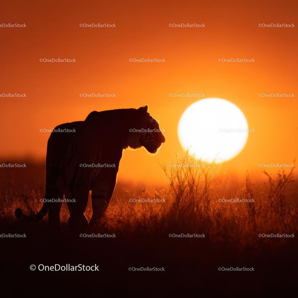 Tiger Silhouette Against Vibrant Orange Sunset