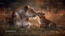 Lioness and Cub Bonding in Warm Sunset Light