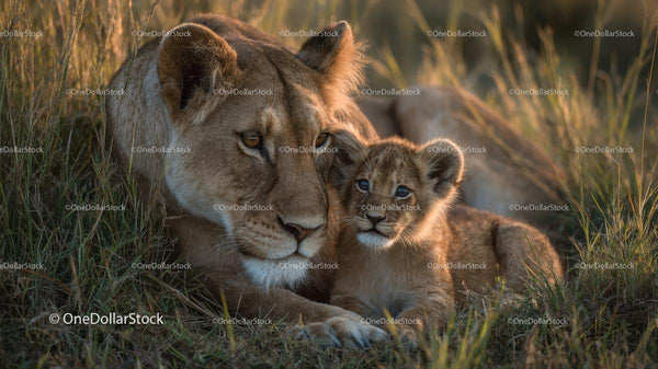 Lioness with Her Cub in African Savannah at Sunset
