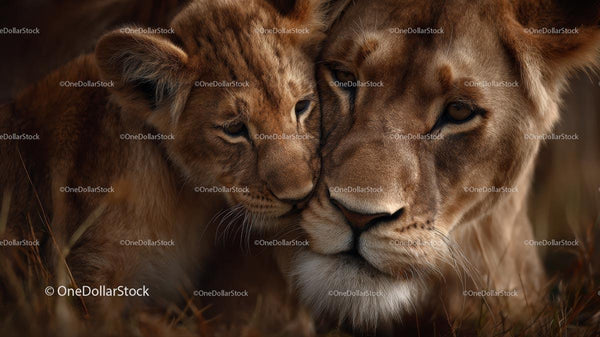 Lion Cub and Mother Embracing in Natural Habitat