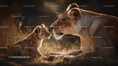 Lioness and Cub Bonding in the African Savannah at Sunset