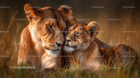 Lioness and Cub in a Tender Moment on the African Savanna