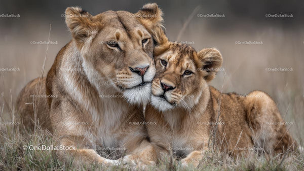 Lioness and Her Cub Relaxing in the African Savanna
