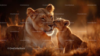 Lioness and Cub Sharing a Tender Moment at Sunset