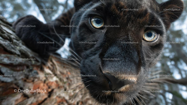 Close-up of Black Panther with Intense Gaze in Forest Setting