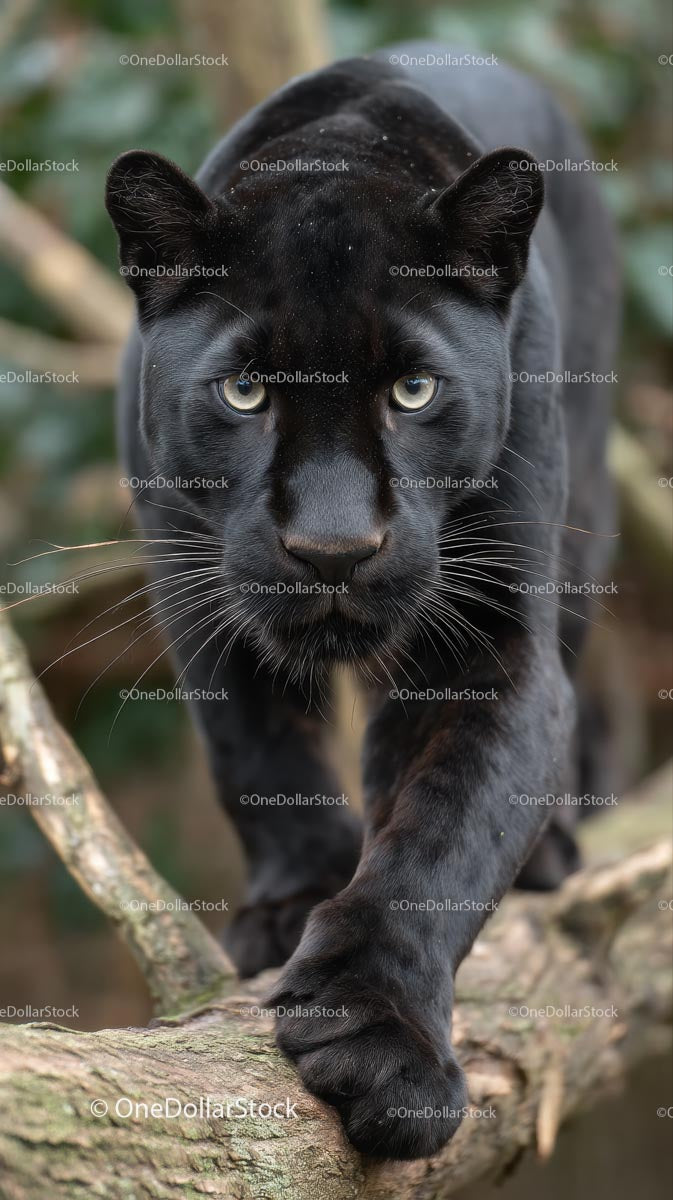 Black Panther Stealthily Walking on Jungle Tree