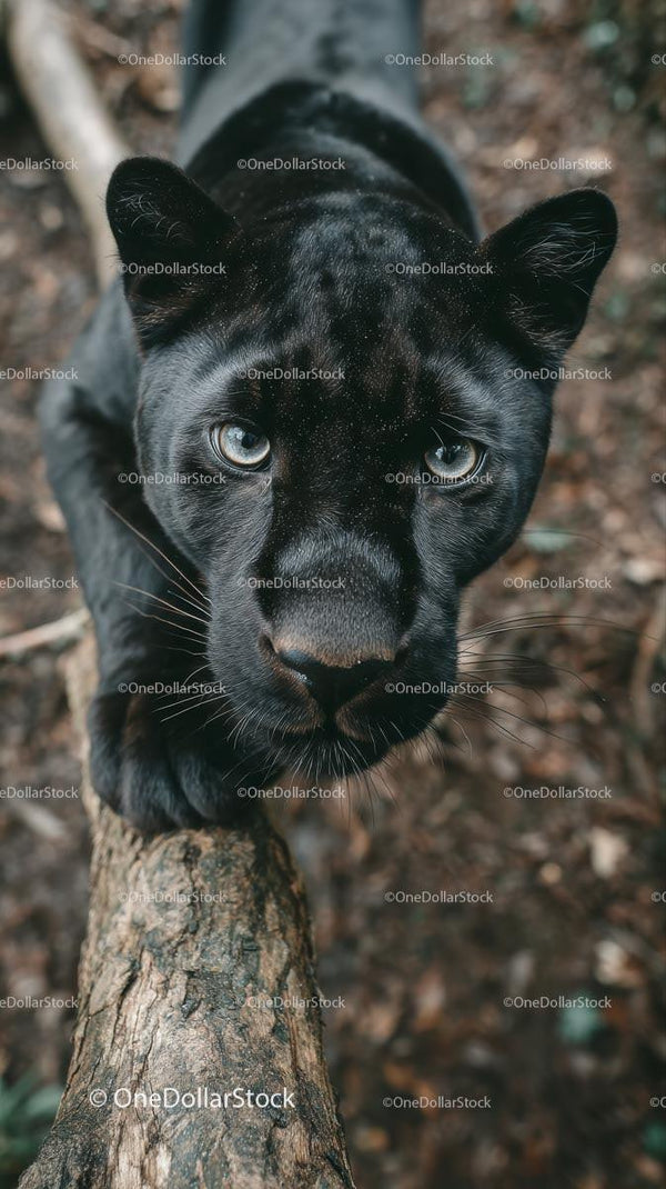 Majestic Black Panther Resting on a Tree Trunk