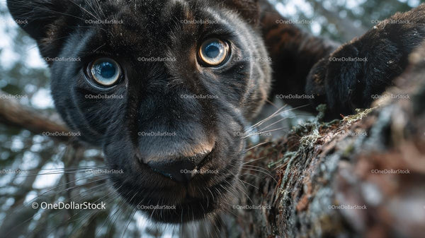 Close-Up of a Curious Black Panther on a Tree