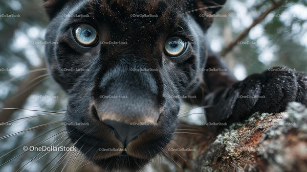 Intense Gaze of a Black Panther with Blue Eyes in Nature